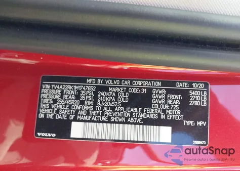 2021 Volvo Xc60 T6 Momentum из США, поврежденный, VIN YV4A22RK1M1747652